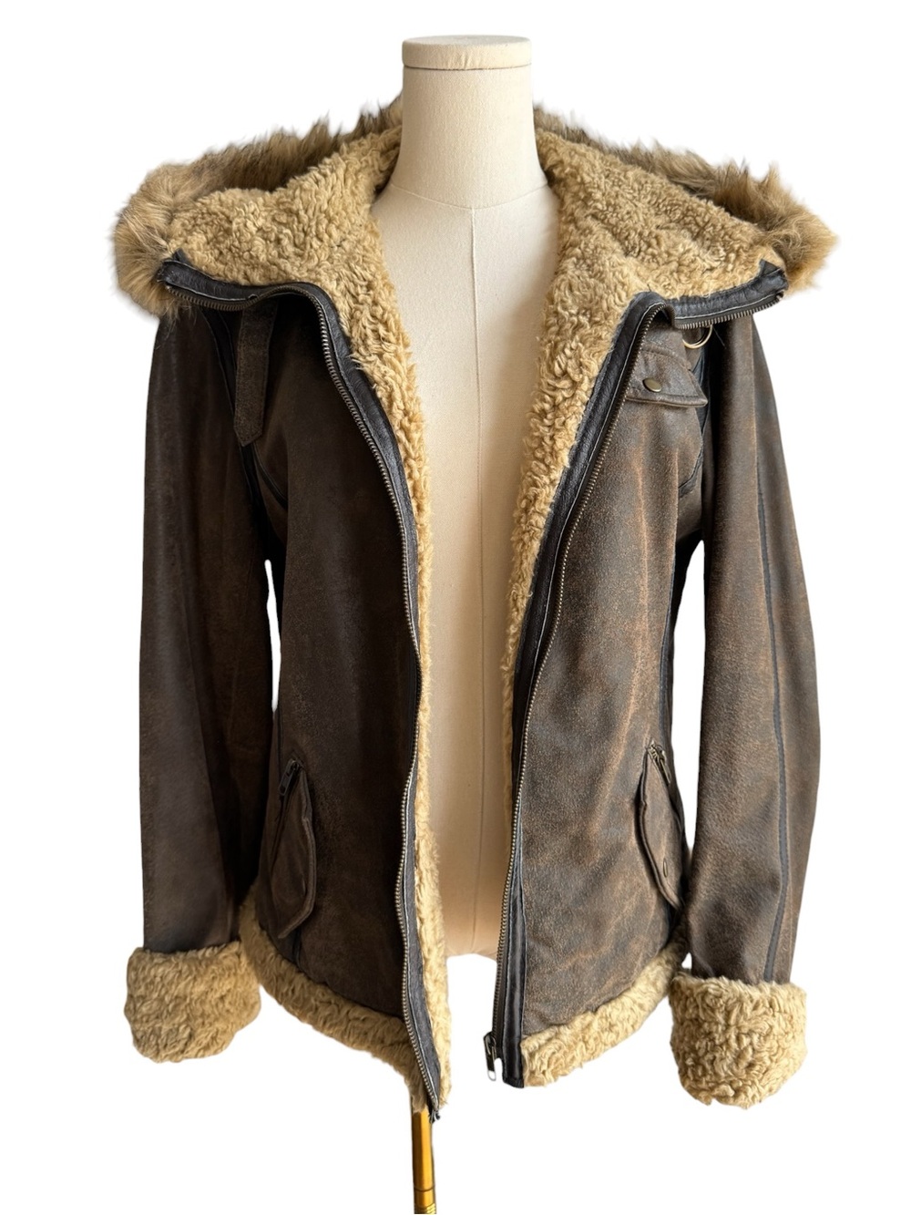 Boho Leather Aviator Jacket Womens M Brown Faux Fur Shearling Hood Distressed